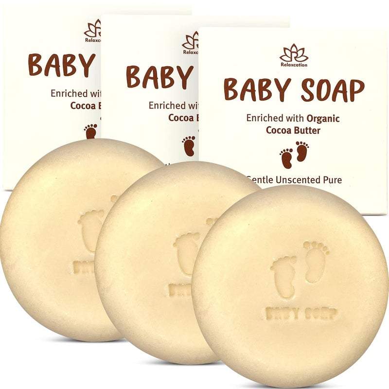Relaxcation Organic Unscented Baby Soap Bar - 4 Simple Ingredients - ORGANIC Coconut, Olive, Castor Oil, and Moisturizing Cocoa Butter - All Natural Cold Processed Soap Bars For Newborn, Baby, Kids (Set of 3) - Image 1